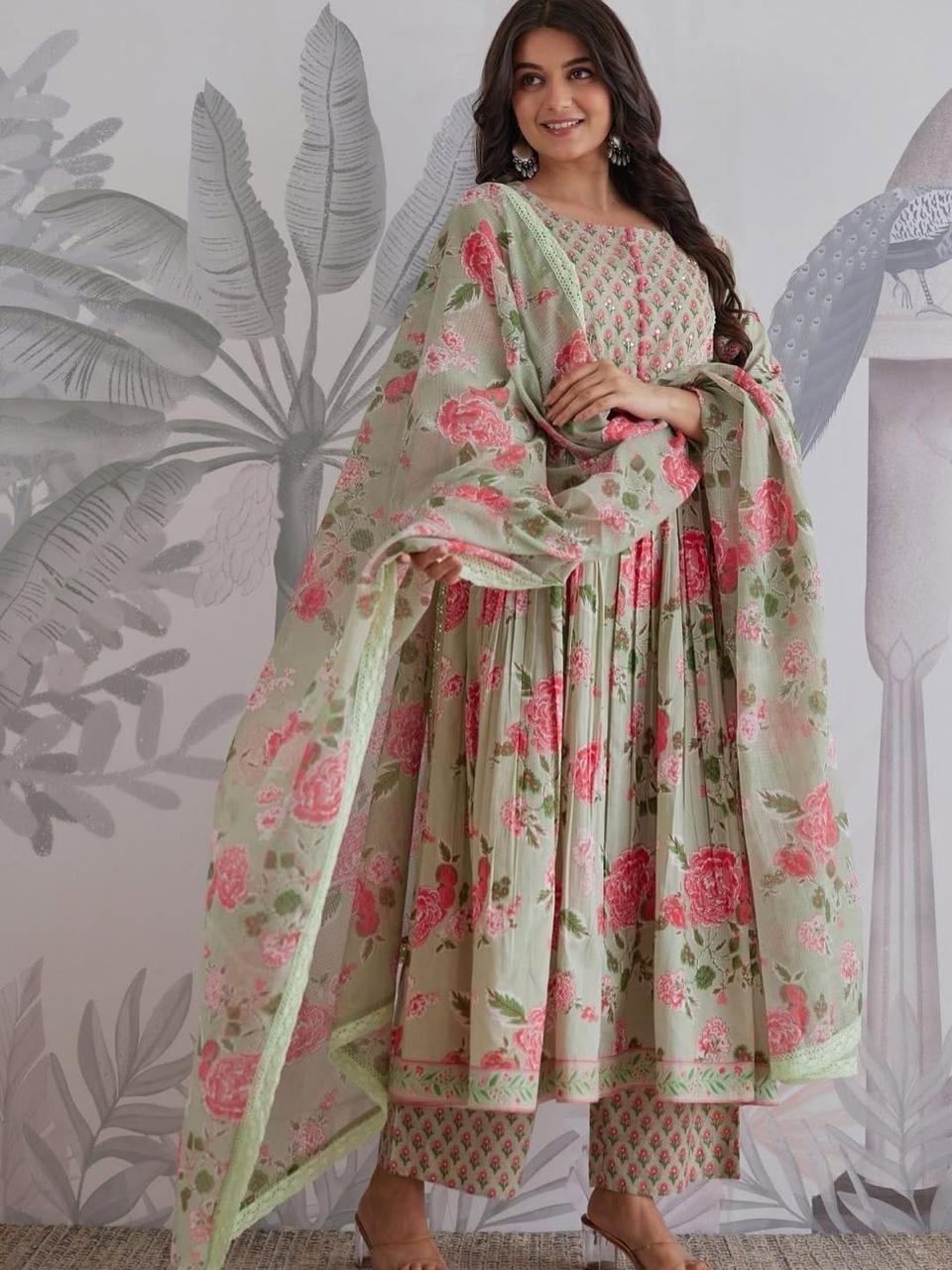 Gulzaira Floral Handwork Cotton Anarkali Set