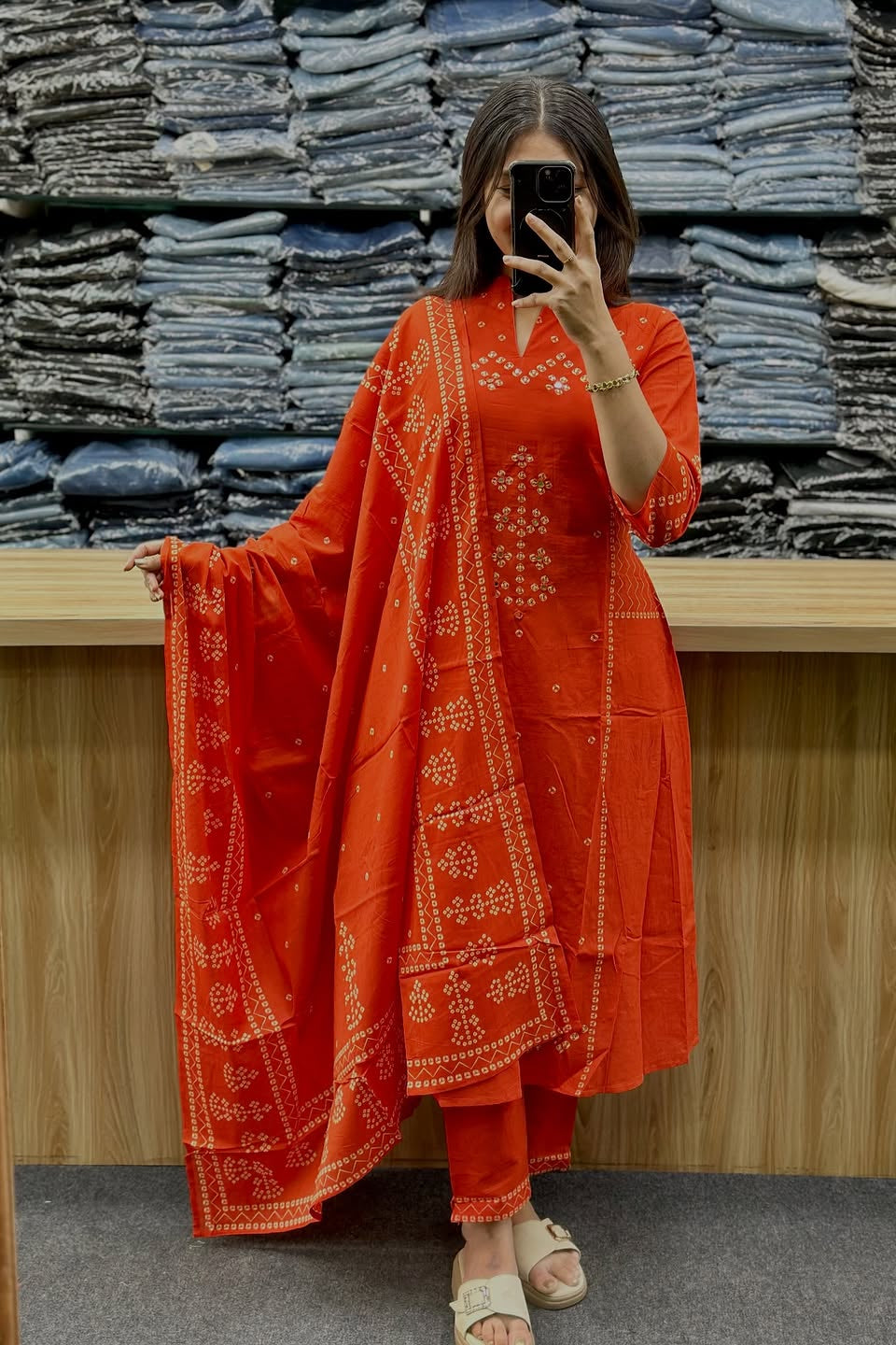 Kesariya Bandhej Handwork Cotton Suit Set