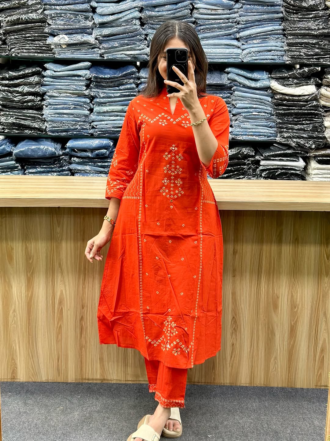 Kesariya Bandhej Handwork Cotton Suit Set