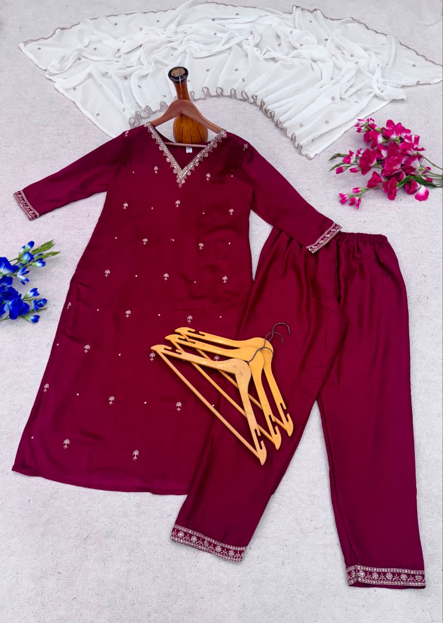 Maroonika Embroidered Vichitra Silk Kurta Set