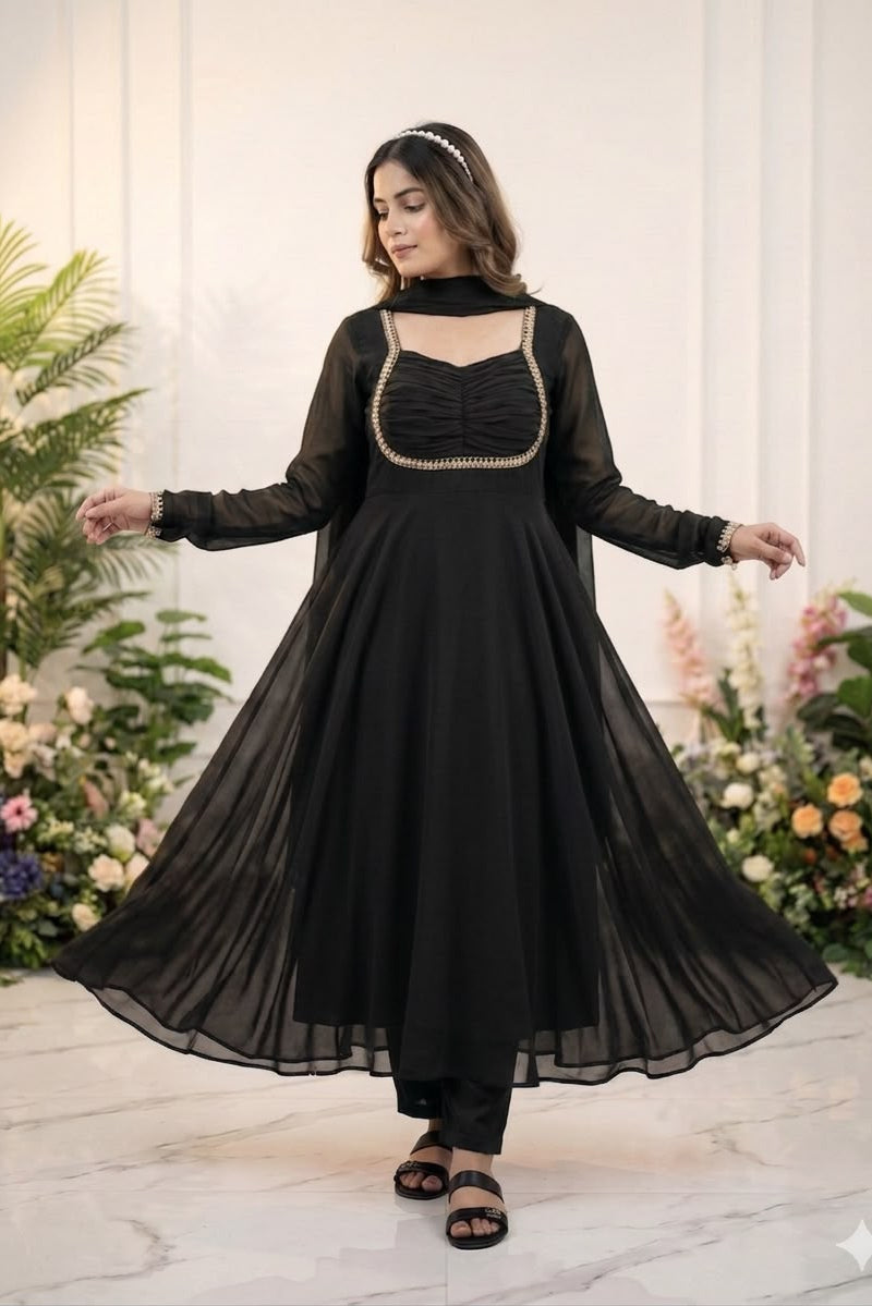 Zehnara Black Sequence Embroidered Gown Set