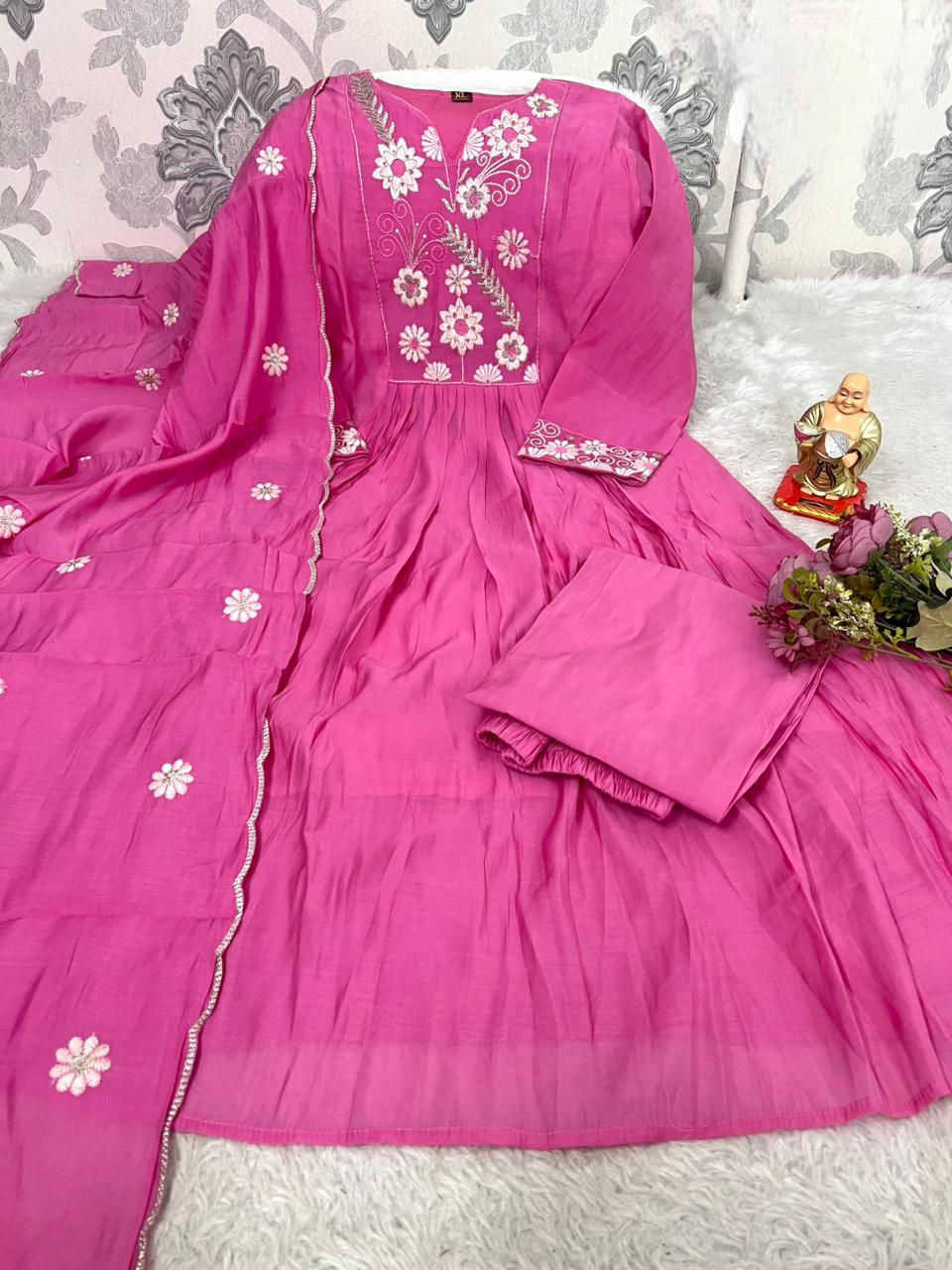 Gulabika Floral Threadwork Mul Chanderi Anarkali Set