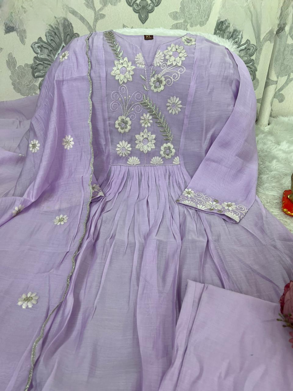 Gulabika Floral Threadwork Mul Chanderi Anarkali Set