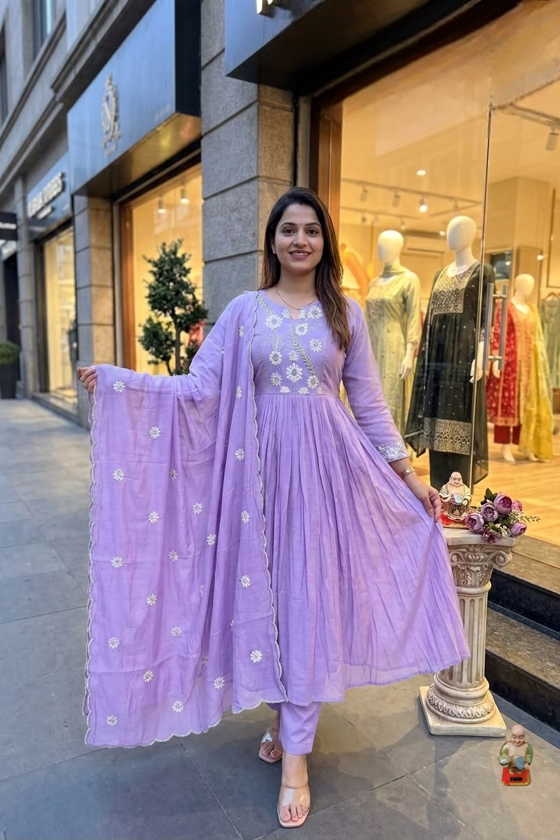 Gulabika Floral Threadwork Mul Chanderi Anarkali Set