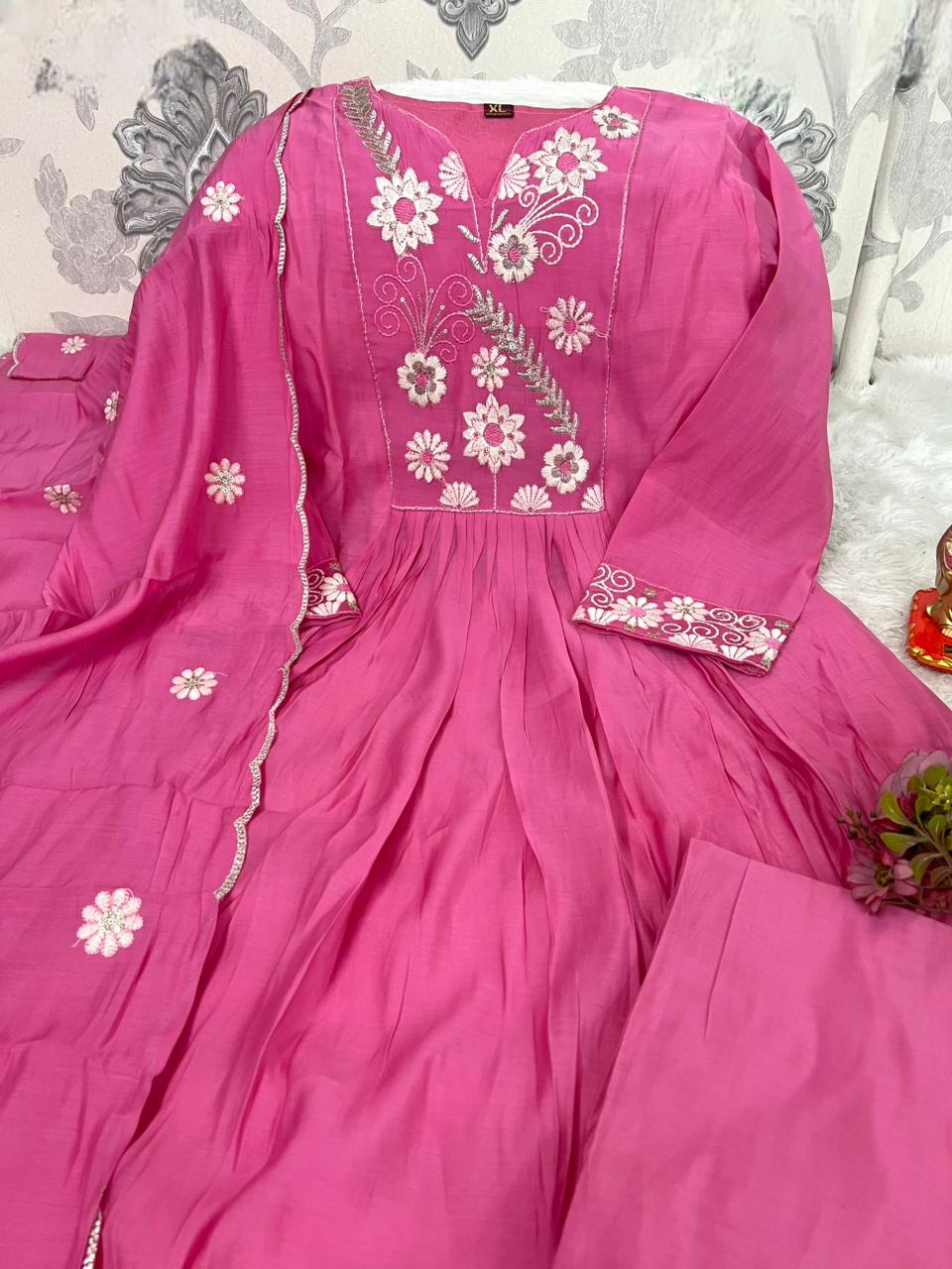 Gulabika Floral Threadwork Mul Chanderi Anarkali Set