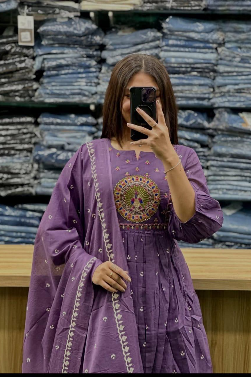 Beautiful Kanarvi Purple Anarkali Cotton Suit Set