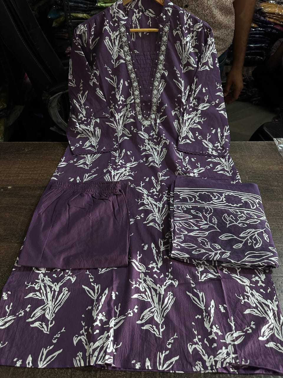 Trending Dark Purple Cotton Embroidered Suit Set