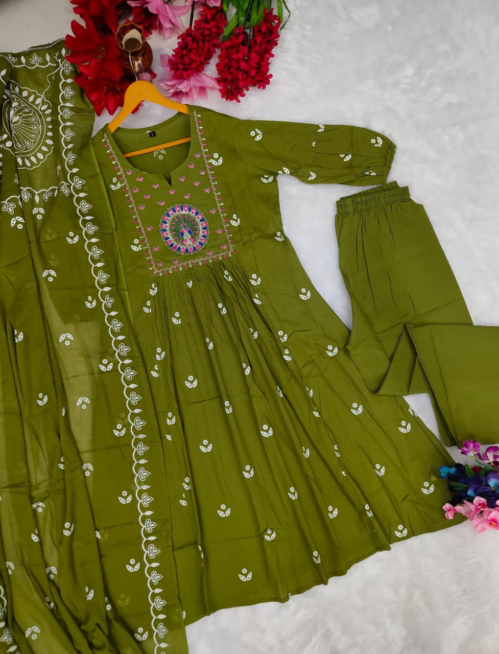 Beautiful Kanarvi Mehendi Anarkali Cotton Suit Set