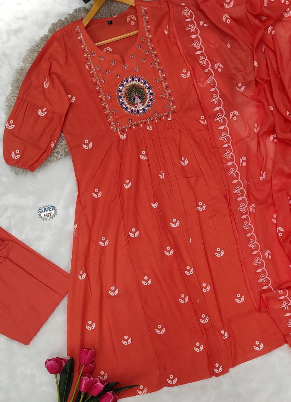 Beautiful Kanarvi Red Anarkali Cotton Suit Set