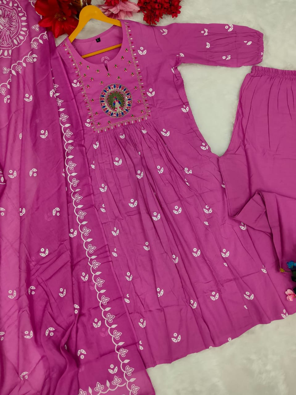 Beautiful Kanarvi Light Purple Anarkali Cotton Suit Set