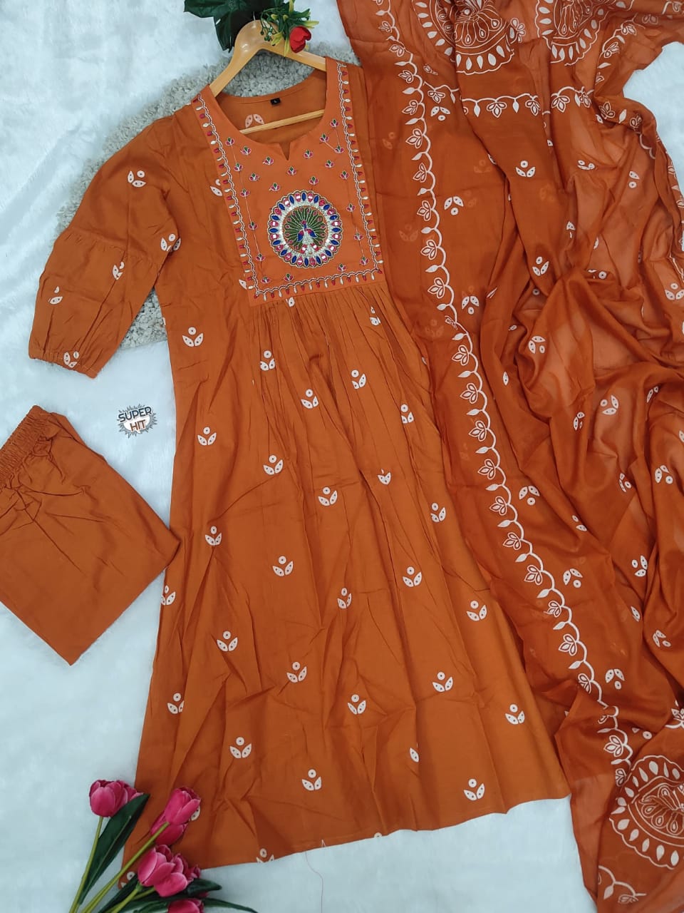 Beautiful Kanarvi Orange Anarkali Cotton Suit Set