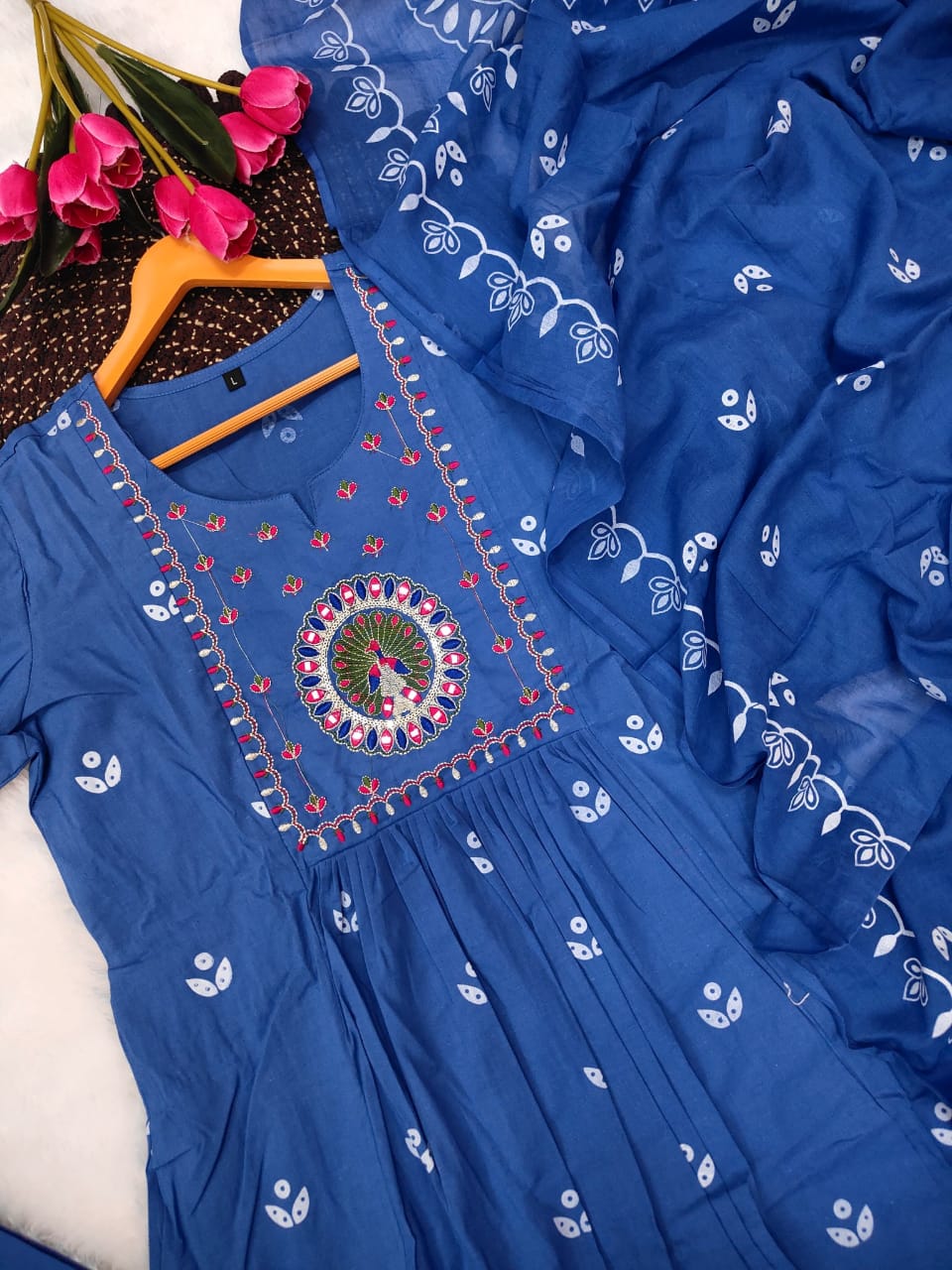 Beautiful Kanarvi Blue Anarkali Cotton Suit Set