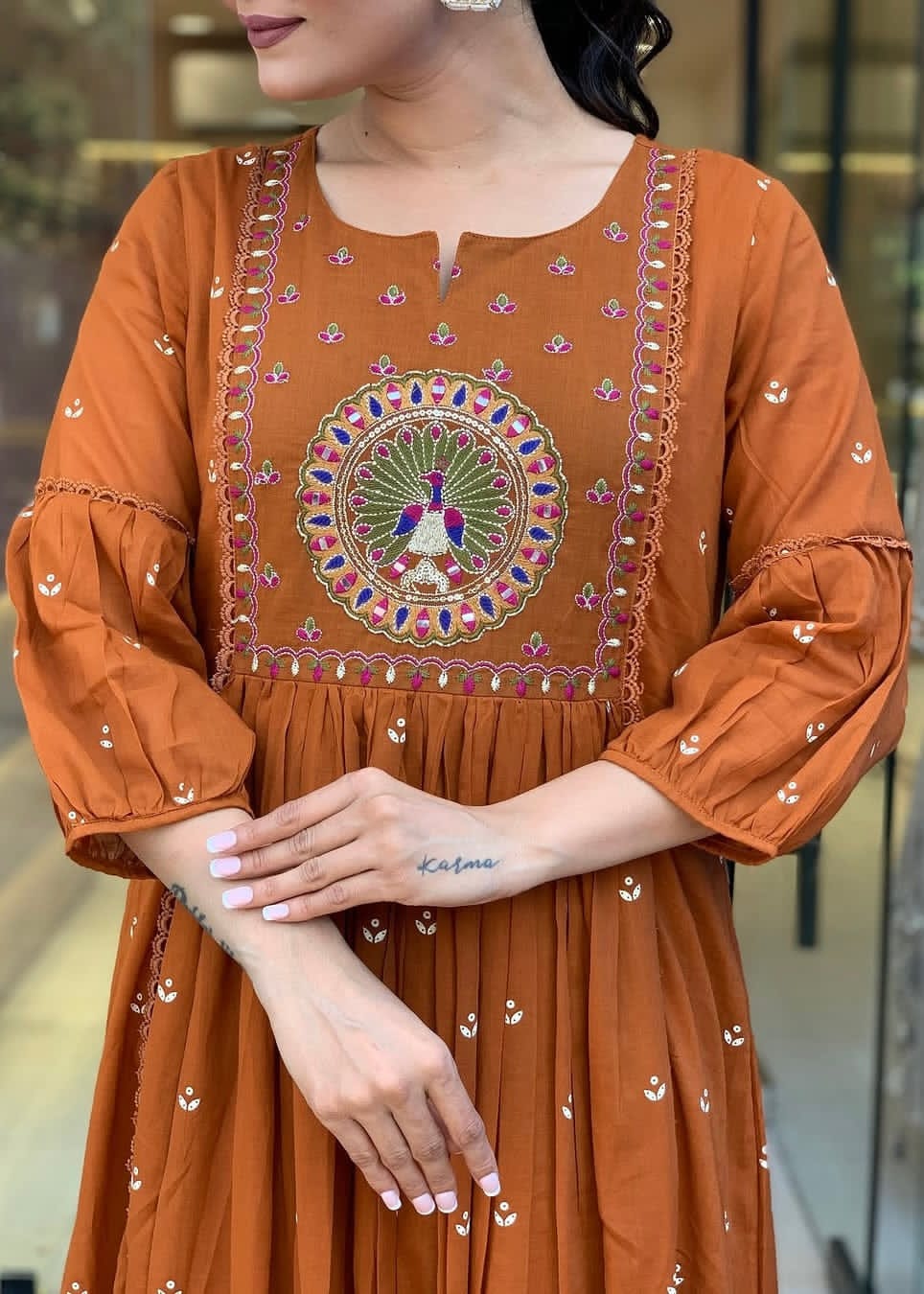 Beautiful Kanarvi Orange Anarkali Cotton Suit Set