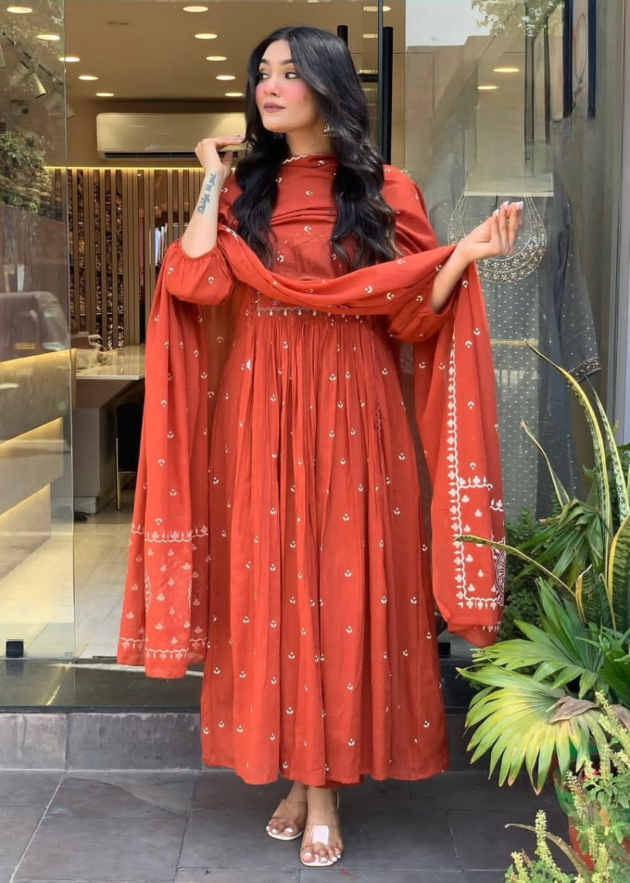 Beautiful Kanarvi Red Anarkali Cotton Suit Set