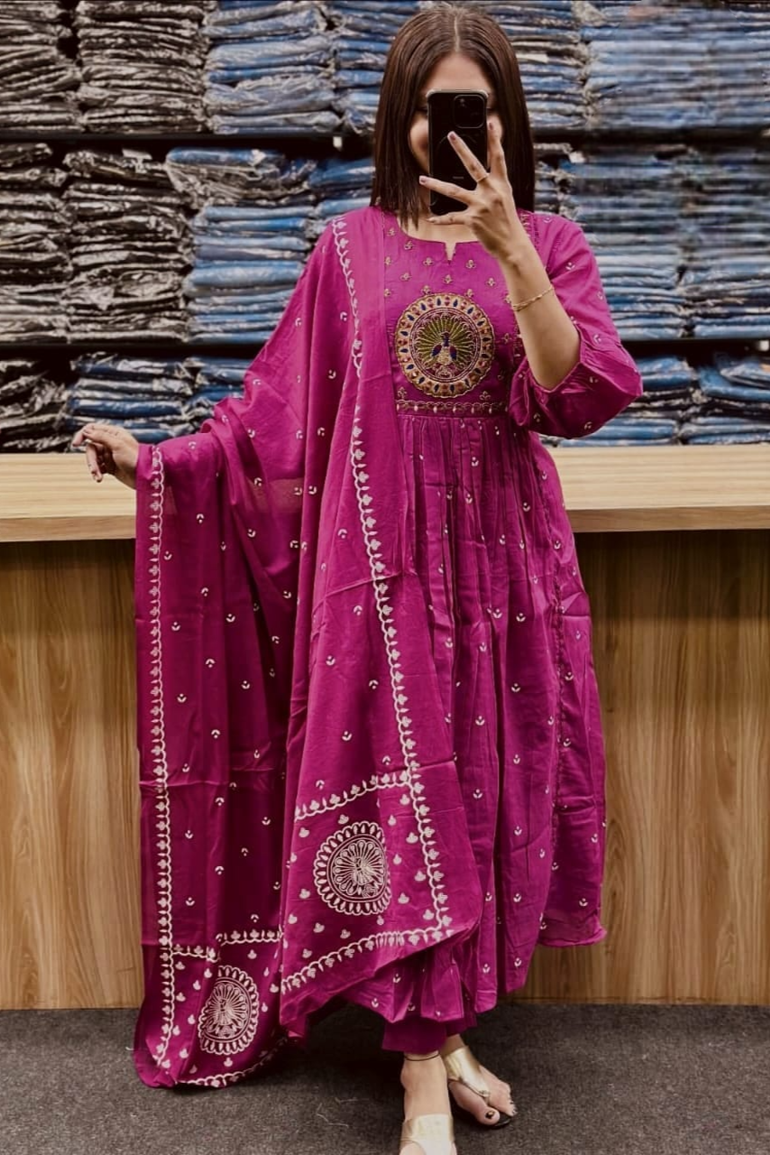 Beautiful Kanarvi Purple Anarkali Cotton Suit Set