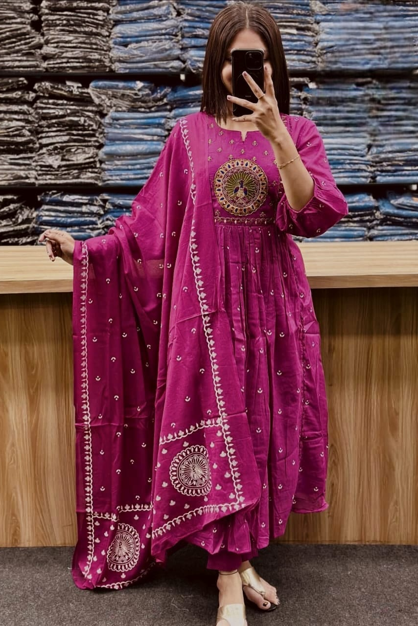 Beautiful Kanarvi Pink Anarkali Cotton Suit Set