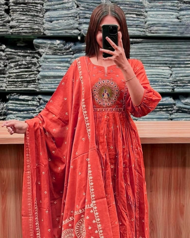Beautiful Kanarvi Red Anarkali Cotton Suit Set