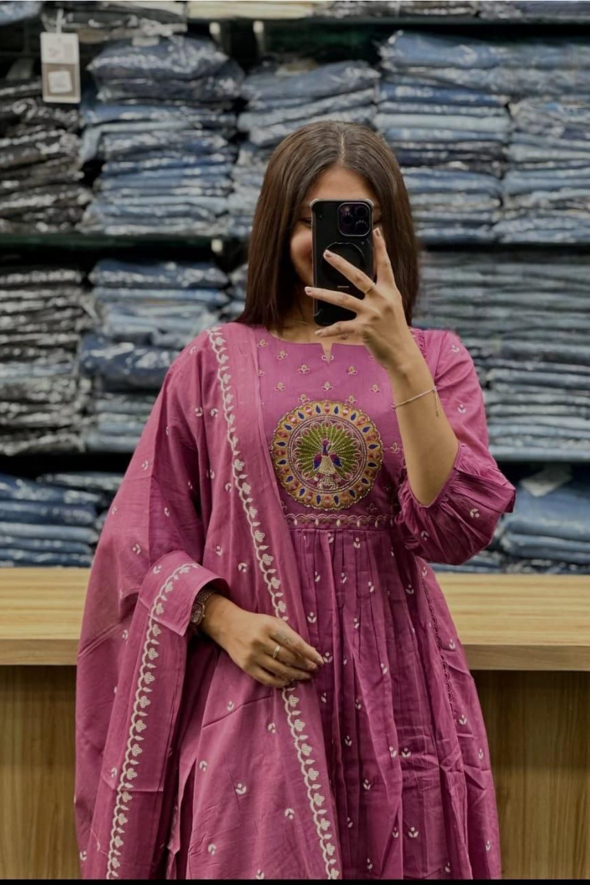 Beautiful Kanarvi Purple Anarkali Cotton Suit Set