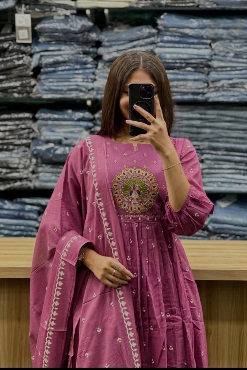 Beautiful Kanarvi Light Purple Anarkali Cotton Suit Set