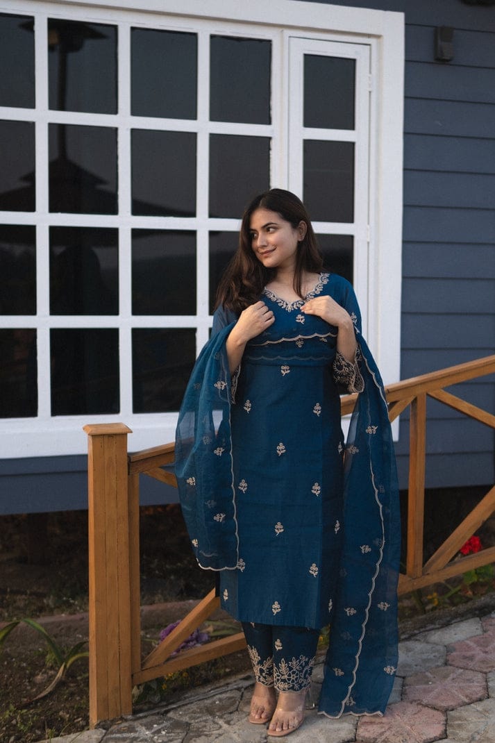 Ruhaniya Blue Chanderi Silk Embroidered Palazzo Suit Set