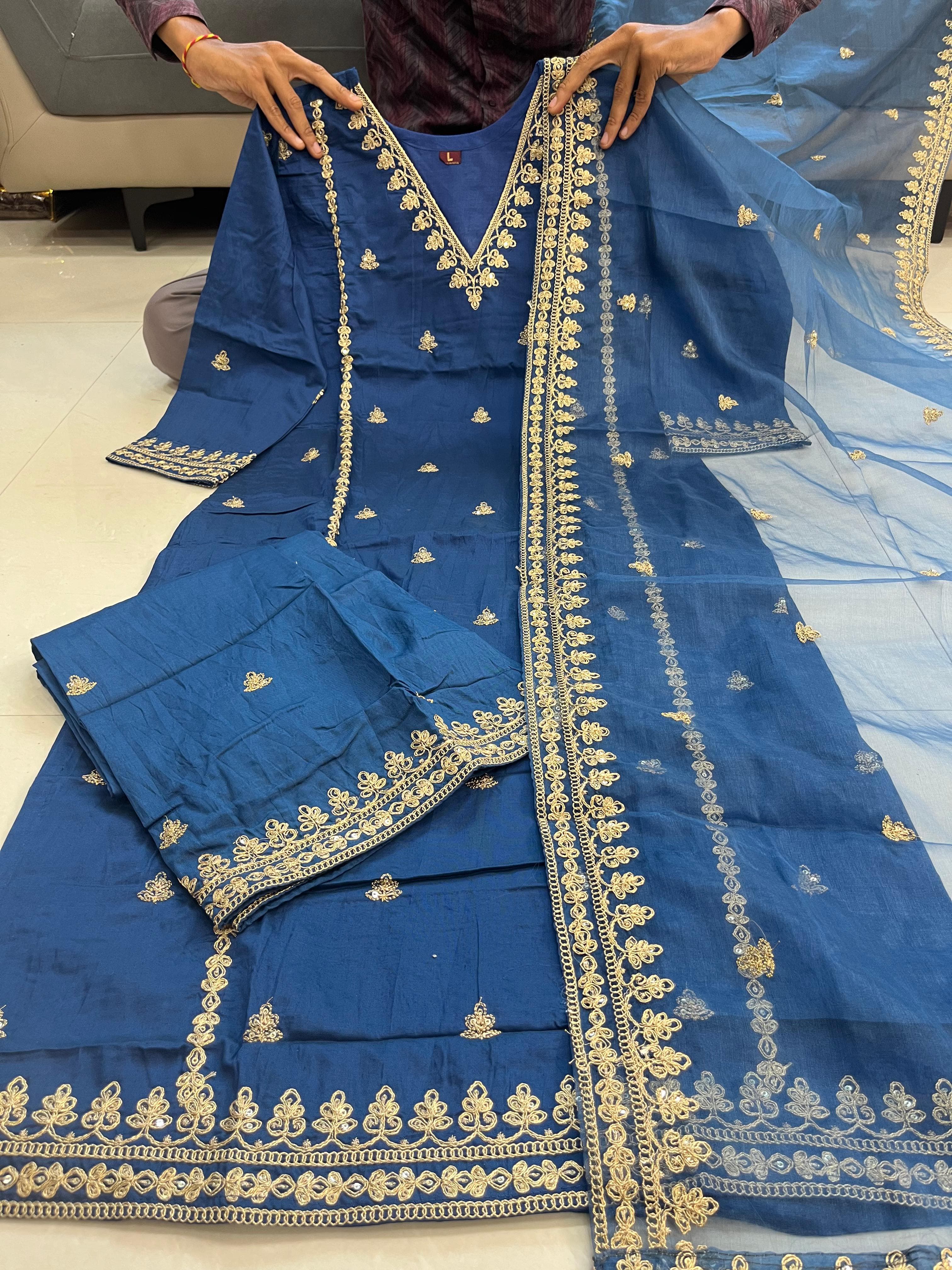Ruhaniya Blue Chanderi Silk Embroidered Palazzo Suit Set