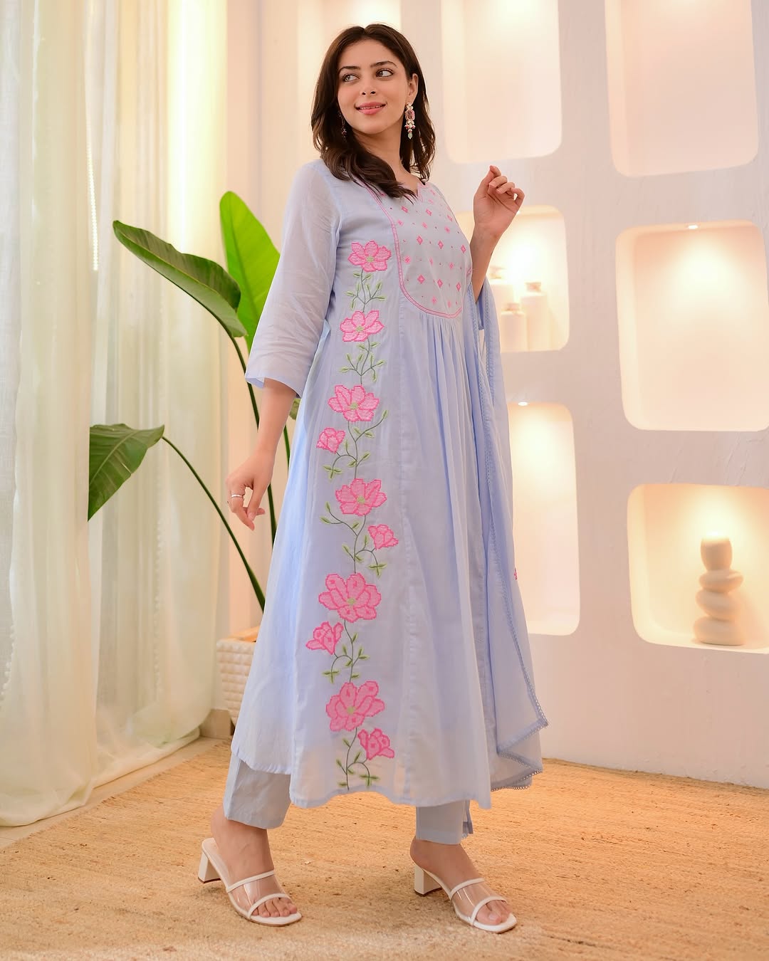 Light Blue Embroidered Cotton Suit Set