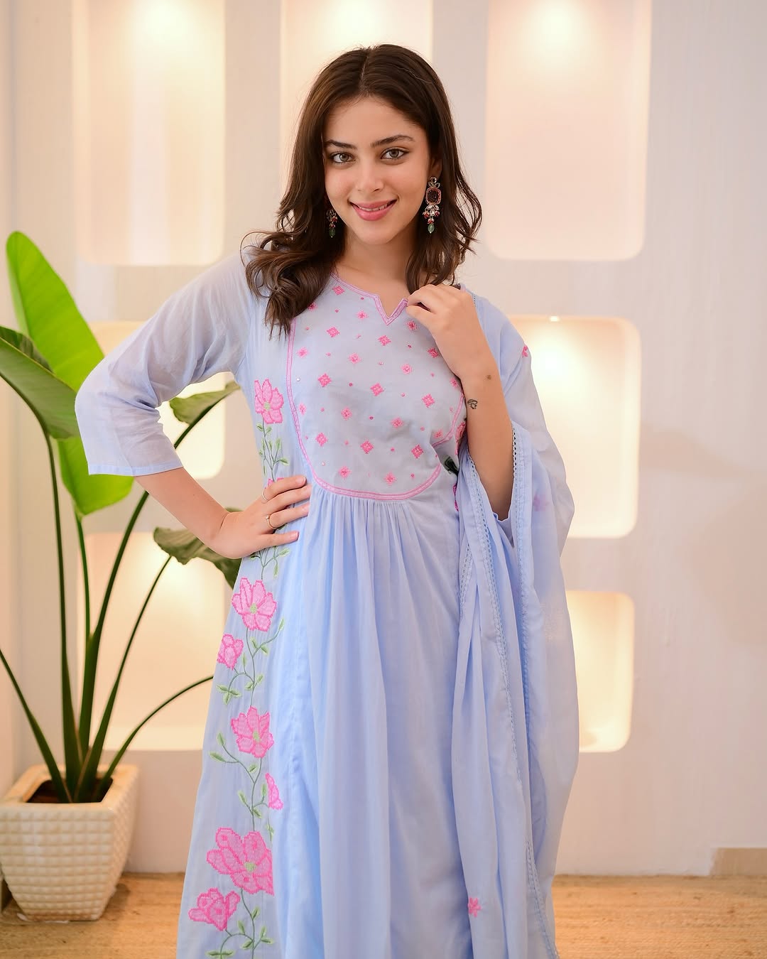 Light Blue Embroidered Cotton Suit Set