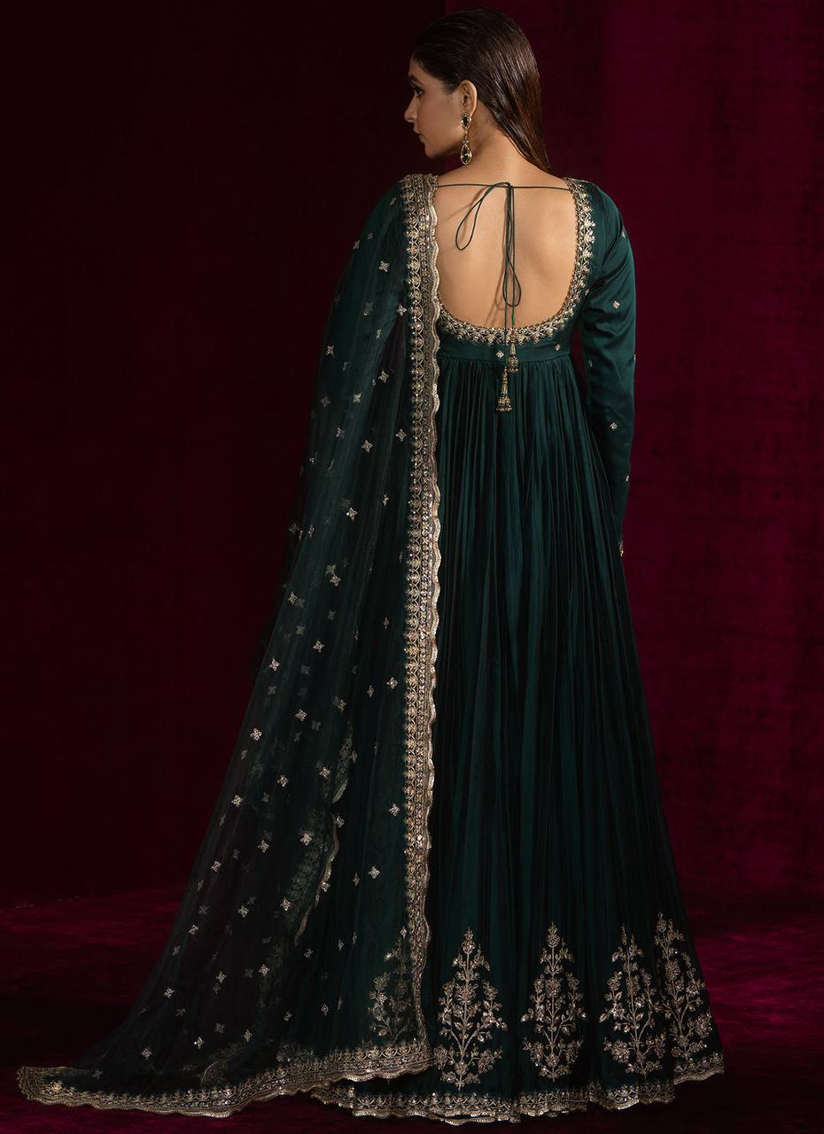 Dark Morpanki Thread & Sequin Anarkali Set with Butterfly Net Dupatta