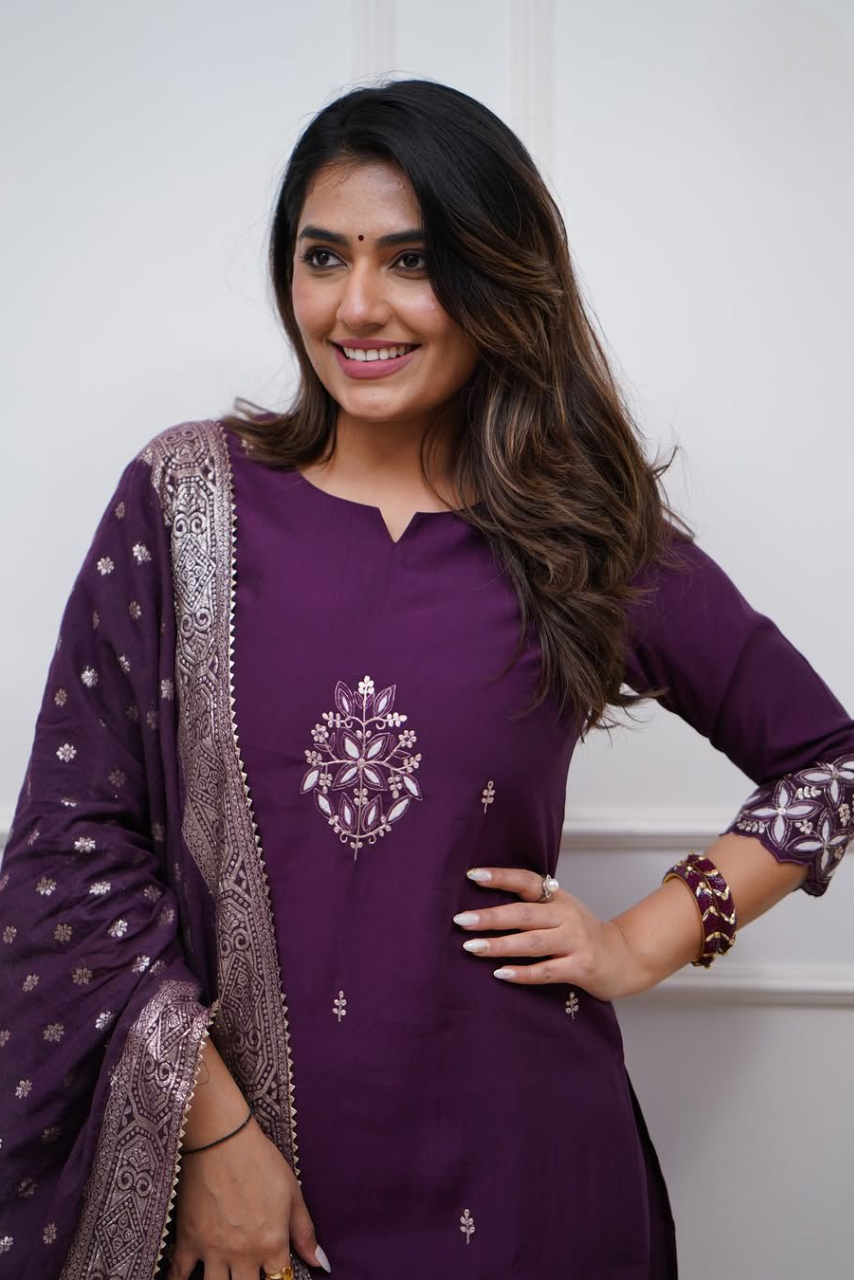 Noorvi Purple Chanderi Jacquard Suit Set