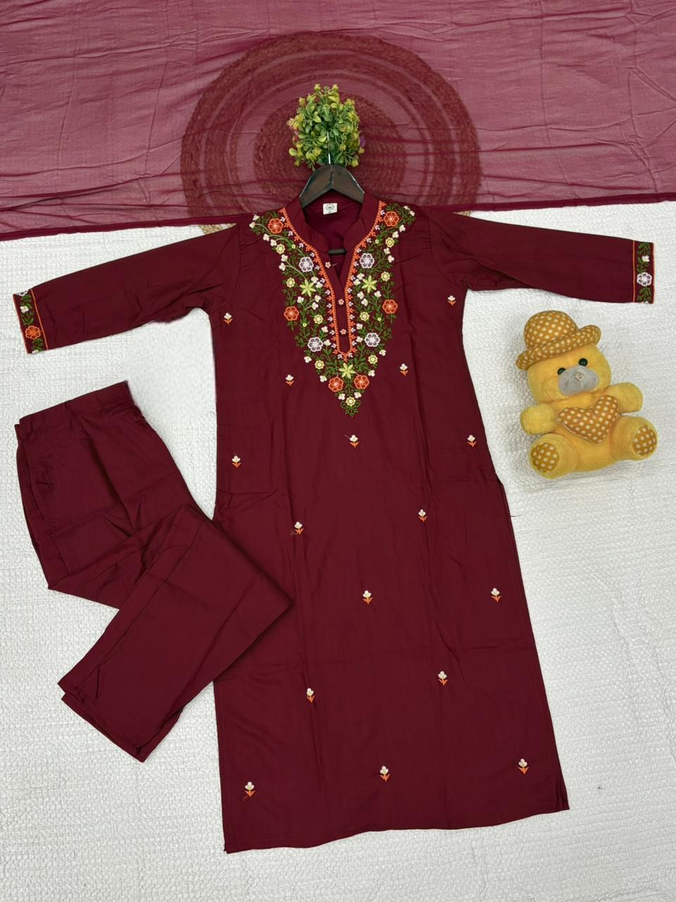 Maroon Shagun Slub Reyon Embroidered Suit Set
