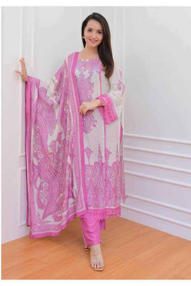 White Maslin Digital Print Kurti Pant Dupatta Set