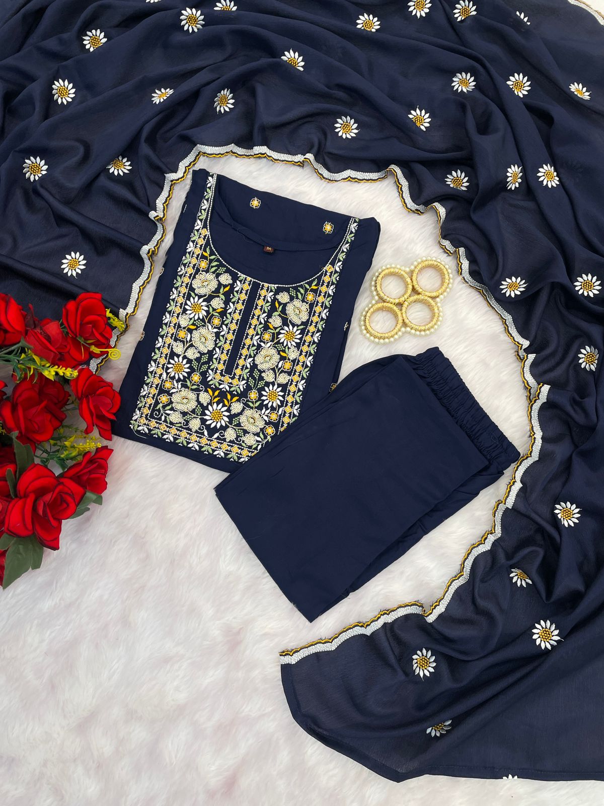 Blue Neel Kamal Rayon Embroidered Suit Set