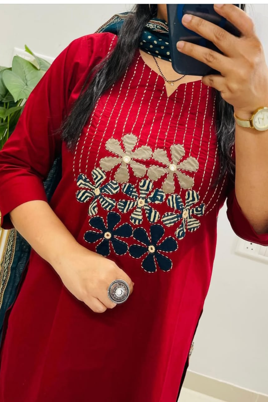 AgniSaaz A-Line Embroidered Cotton Suit Set