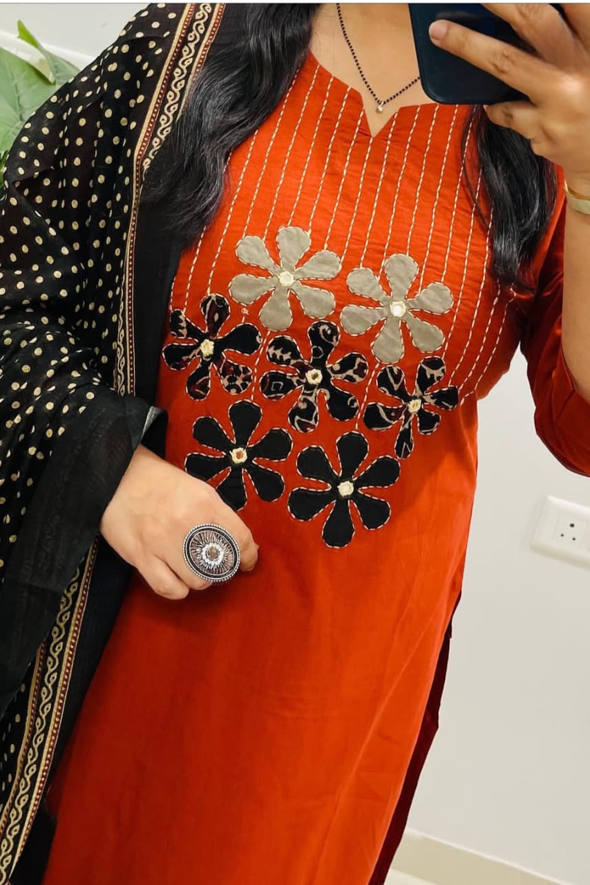 AgniSaaz A-Line Embroidered Cotton Suit Set