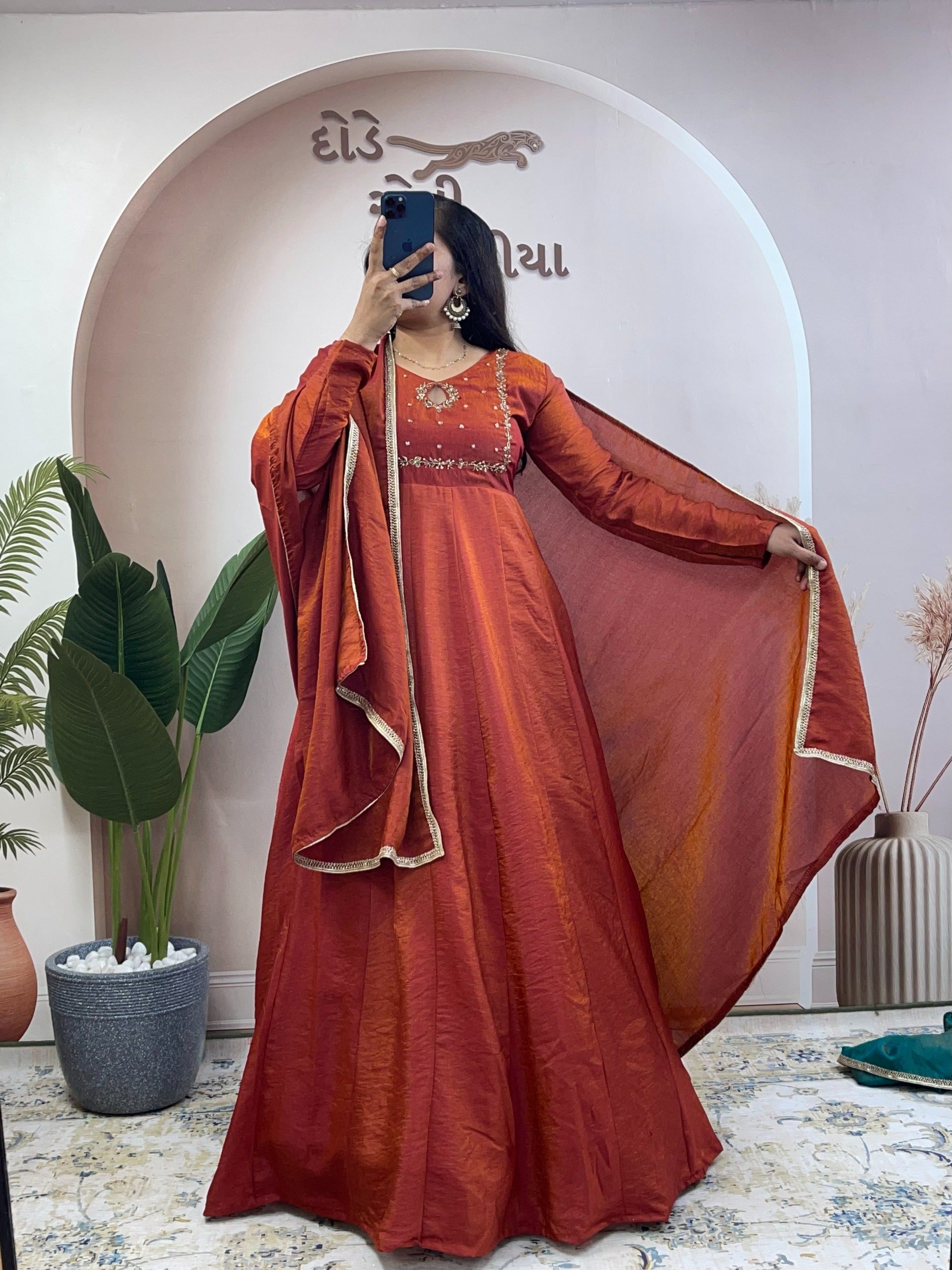 Dark Orange Khatli Vichitra Silk Gown Set