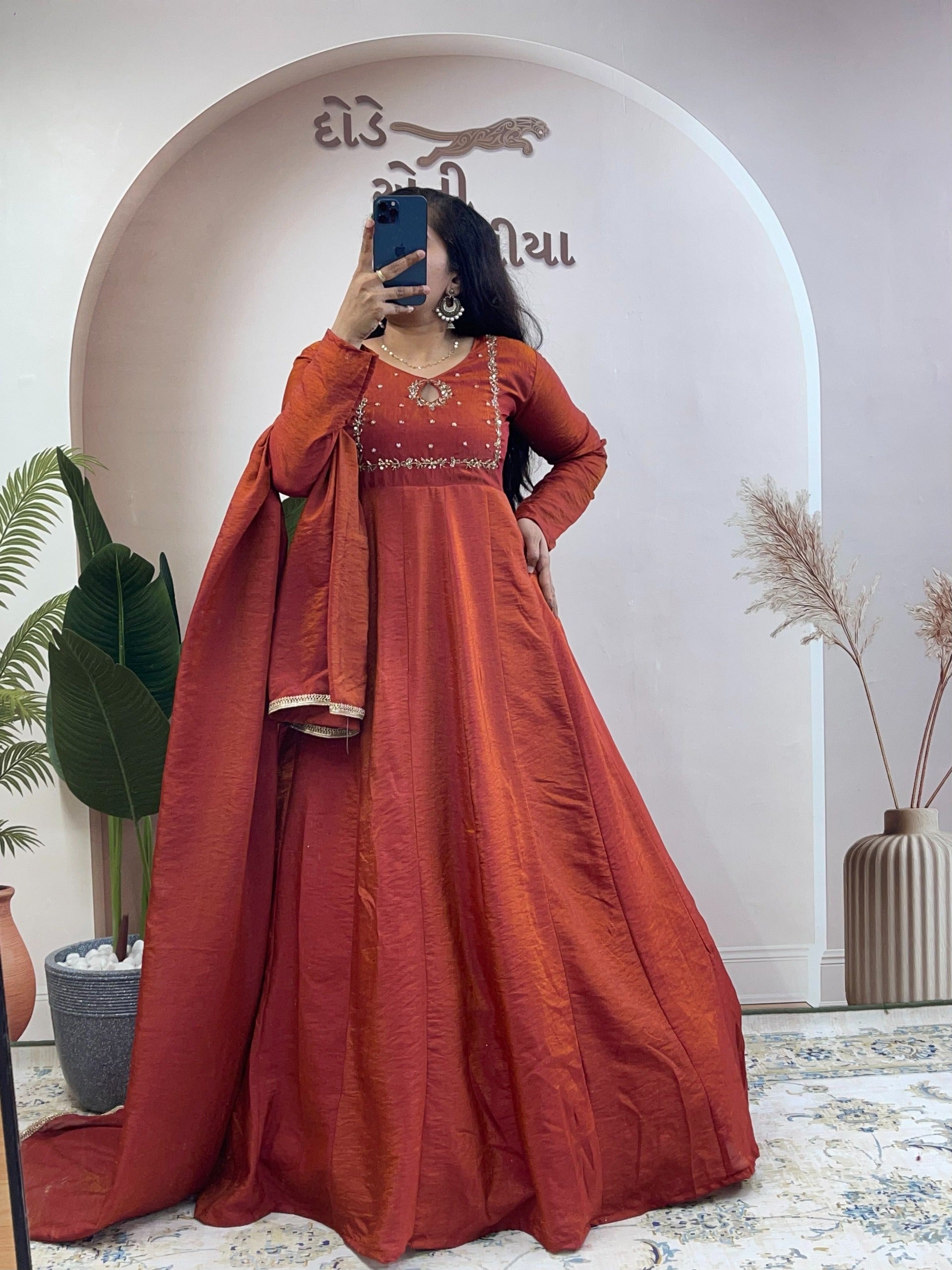 Dark Orange Khatli Vichitra Silk Gown Set