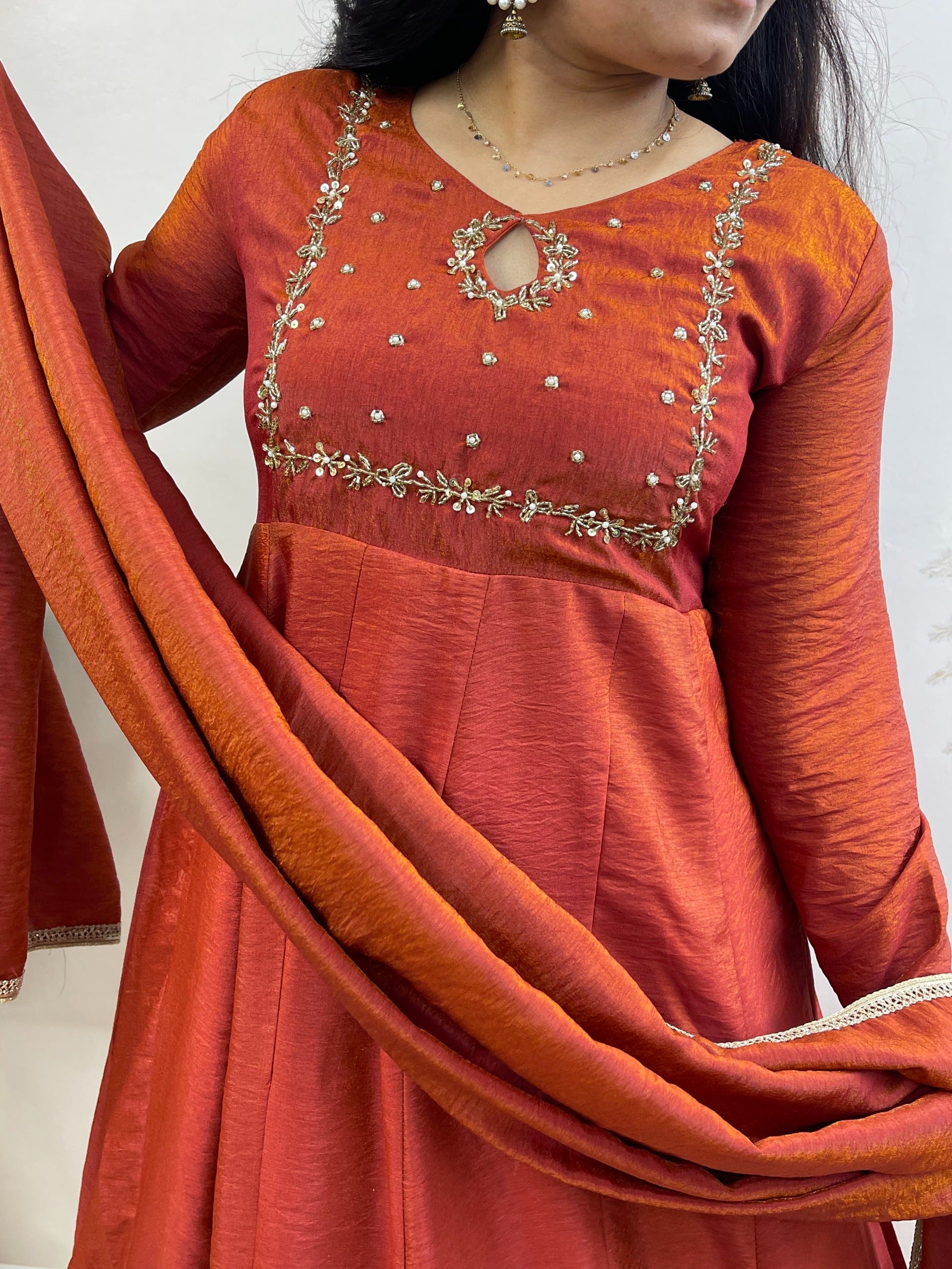 Dark Orange Khatli Vichitra Silk Gown Set