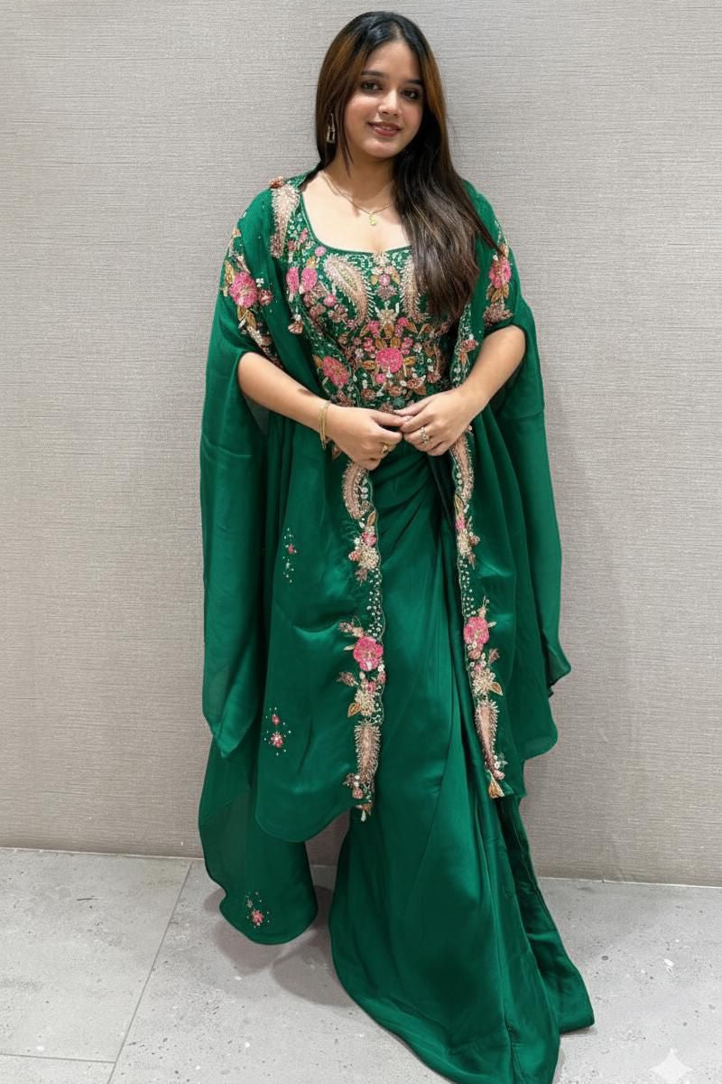 Gulnaar Green Indo-Western Shrug Dhoti Set