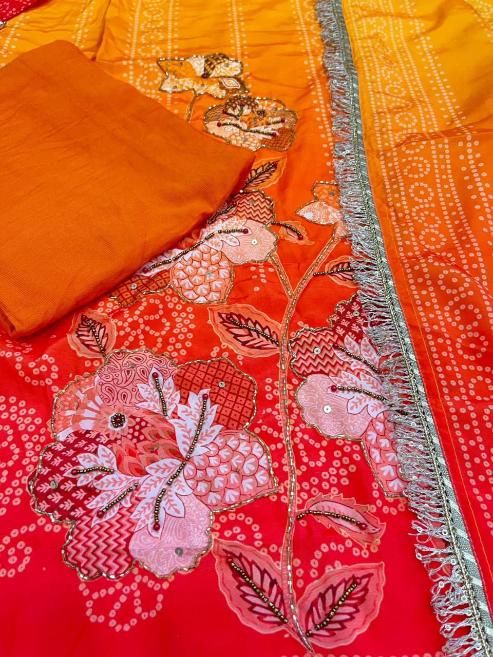 Noor Aari Handwork Chinon Kurti Set With Pant And Dupatta