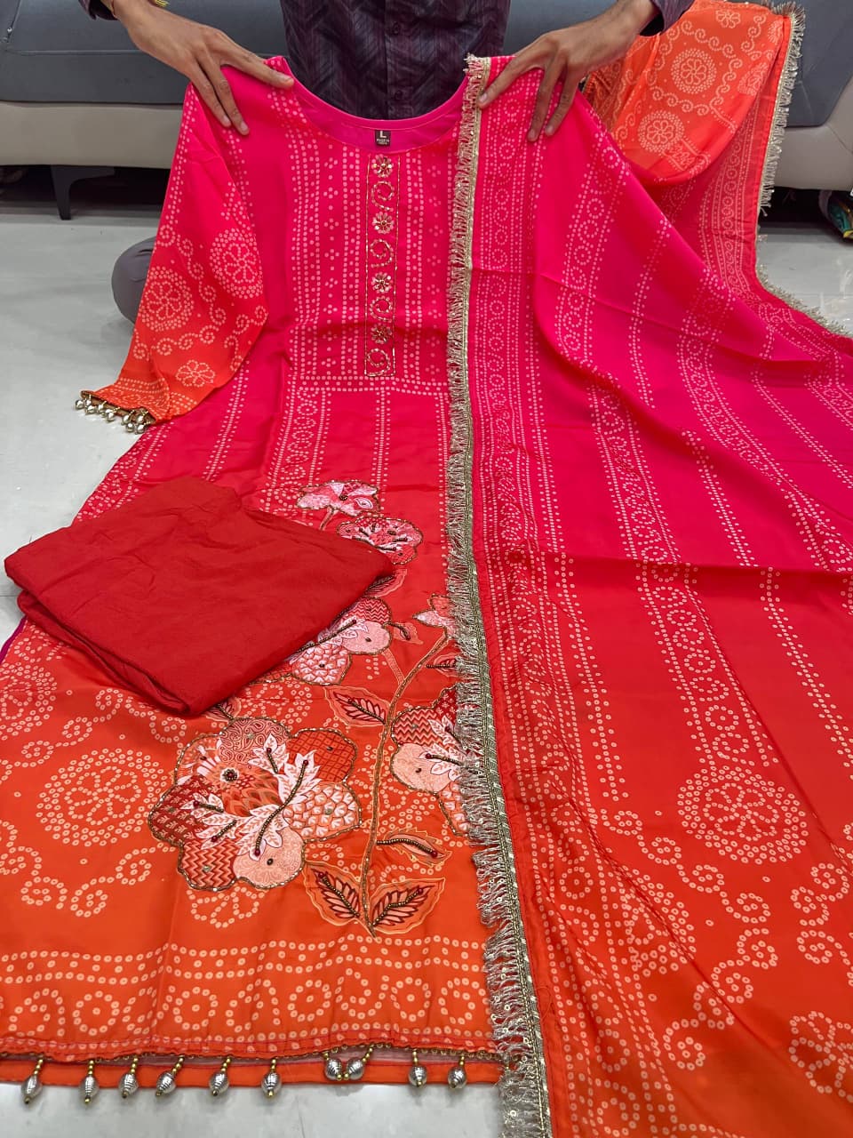 Noor Aari Handwork Chinon Kurti Set With Pant And Dupatta