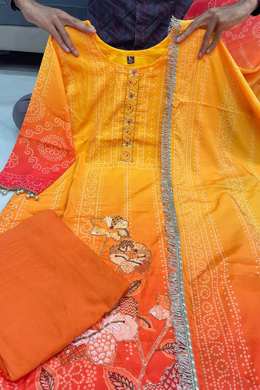 Noor Aari Handwork Chinon Kurti Set With Pant And Dupatta