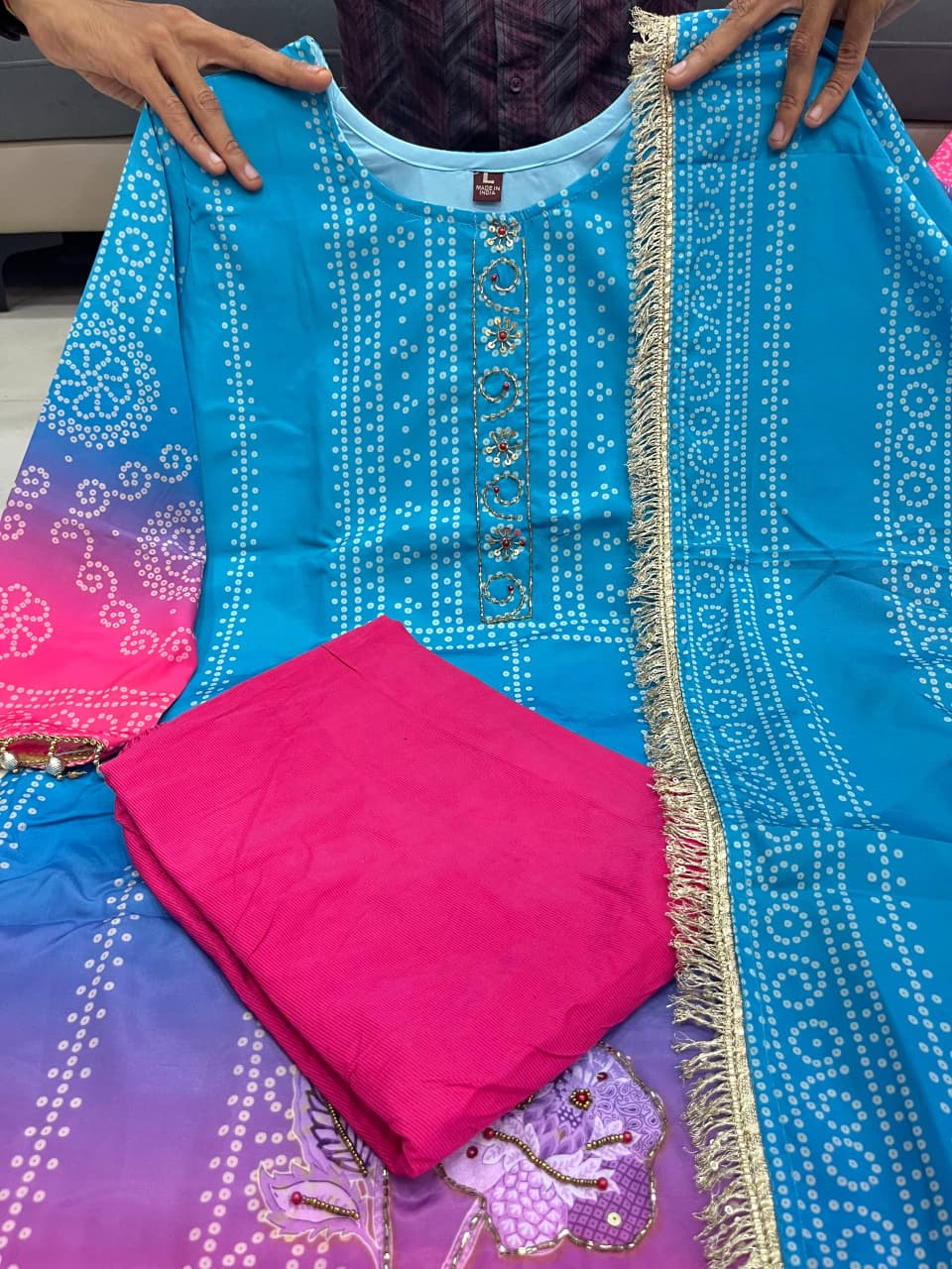 Noor Aari Handwork Chinon Kurti Set With Pant And Dupatta