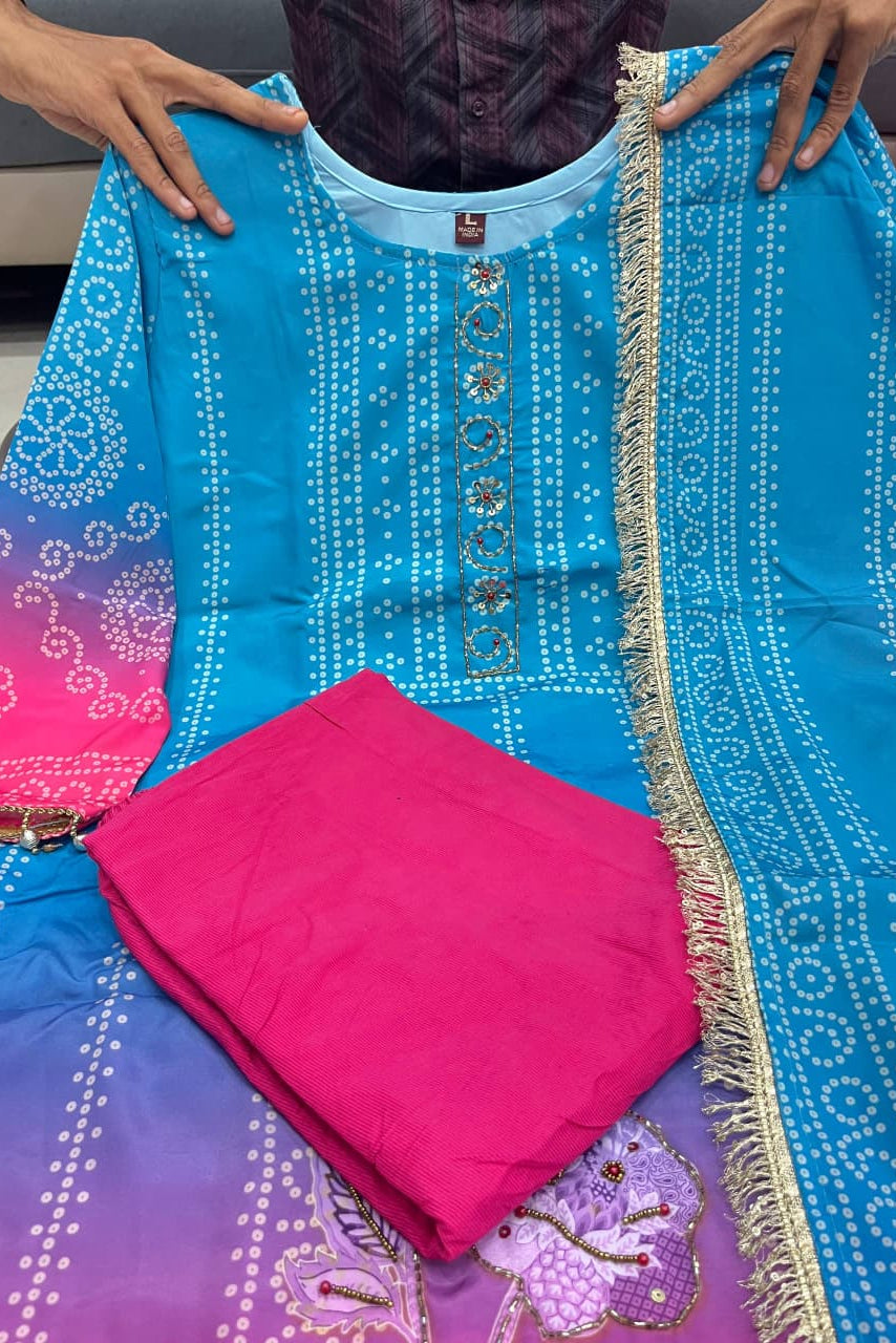 Noor Aari Handwork Chinon Kurti Set With Pant And Dupatta