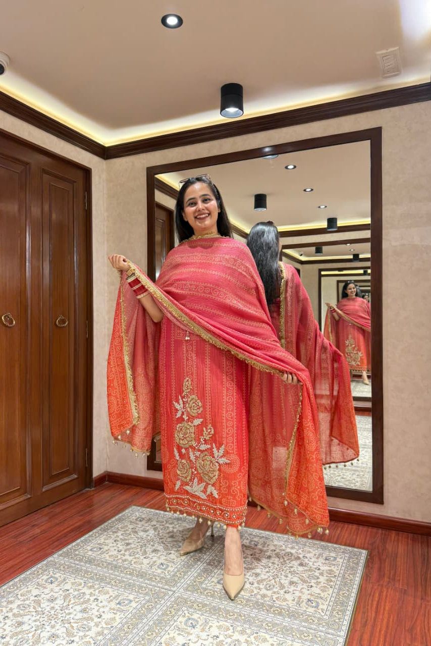 Noor Aari Handwork Chinon Kurti Set With Pant And Dupatta