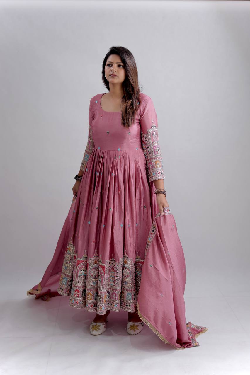 Royal Pure Chinon Silk Embroidered Gown Pant Dupatta Set
