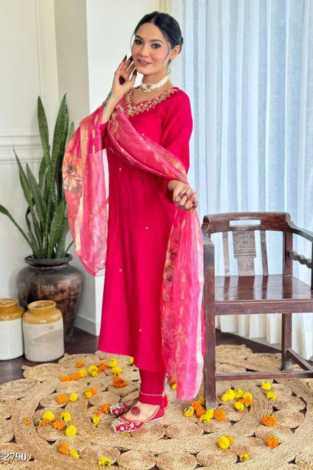 Ethereal Silk Elegance - Handworked Kurta and Pant Set with Chanderi Dupatta