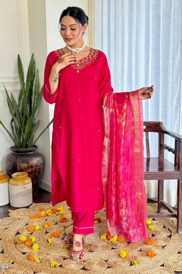 Ethereal Silk Elegance - Handworked Kurta and Pant Set with Chanderi Dupatta