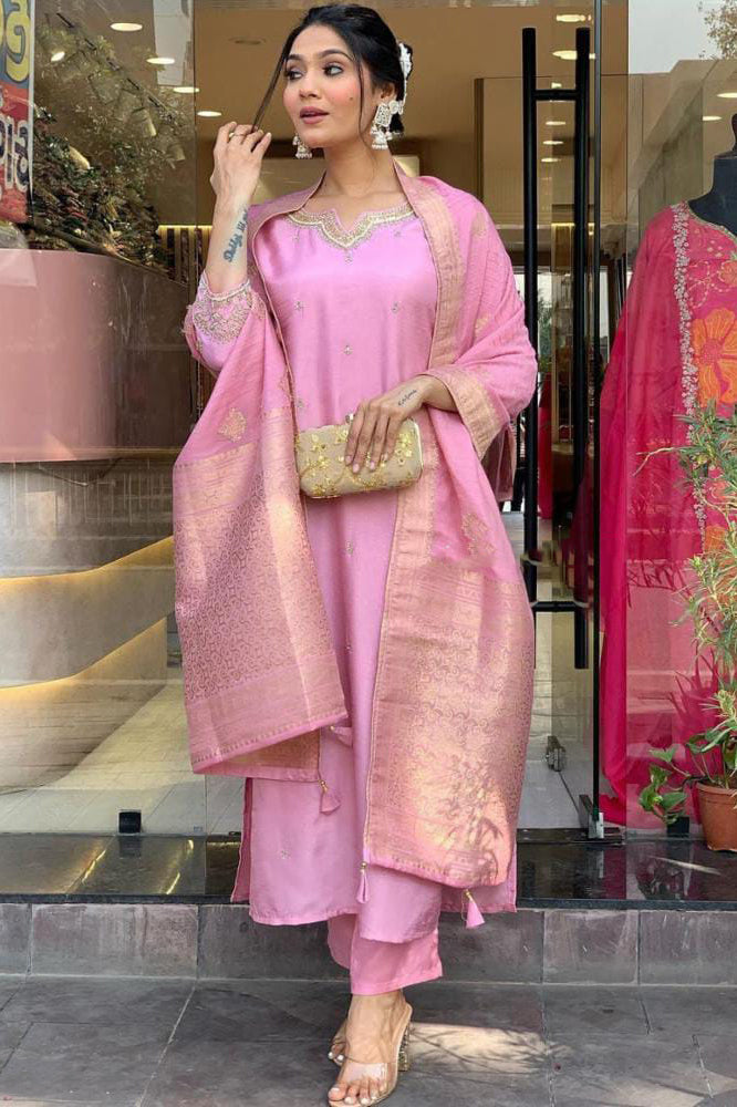 Heavy Cotton Silk Mirror Work Kurta Set with Zari Embroidery and Lace Dupatta – Purple