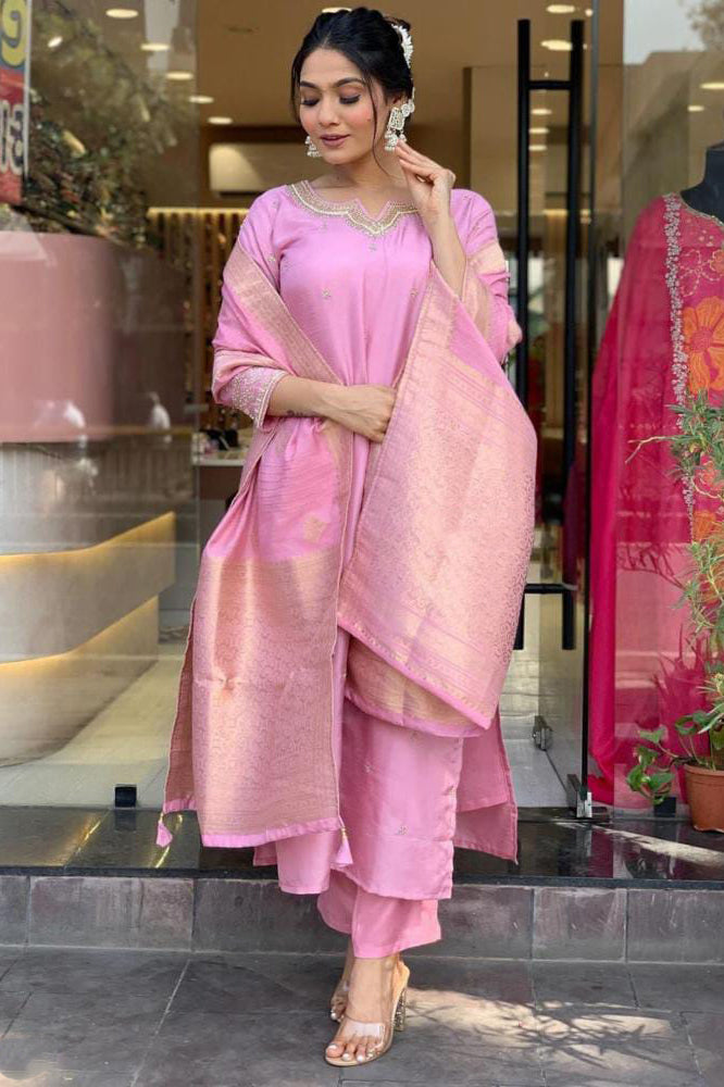 Heavy Cotton Silk Mirror Work Kurta Set with Zari Embroidery and Lace Dupatta – Purple