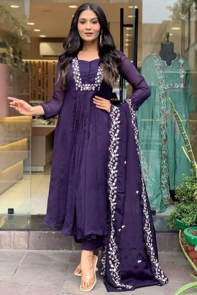 Embroidery Work Cotton Fabric Kurti Pant Dupatta Set